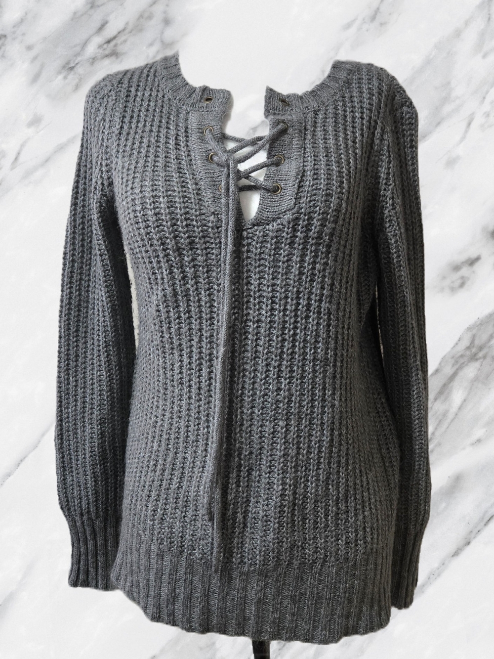 Pink Rose Gray Lace-Up V-Neck Knit Sweater